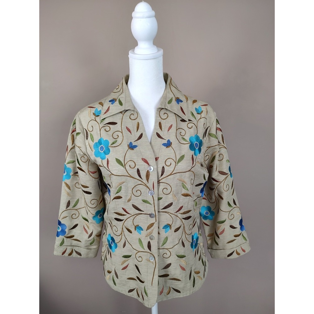 Silkland Womens Silk Floral Embroidered Button Front Jacket Tan Blue Size M